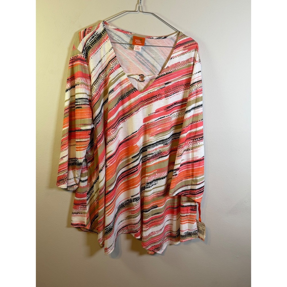 Hearts of Palm Woman Tunic Abstract Brushstroke Stripe Coral 2X NWT